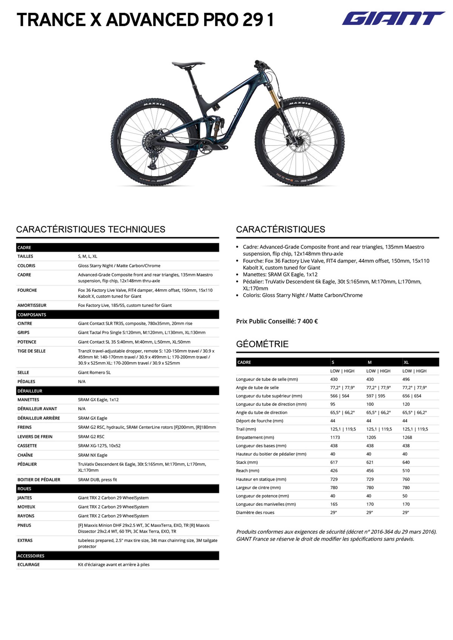 Fiche technique du velo Trance X Advanced Pro 29 1 année 2022